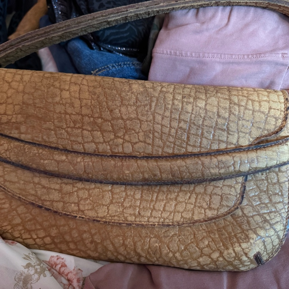 Gold Gator textured clutch shoulder bag
